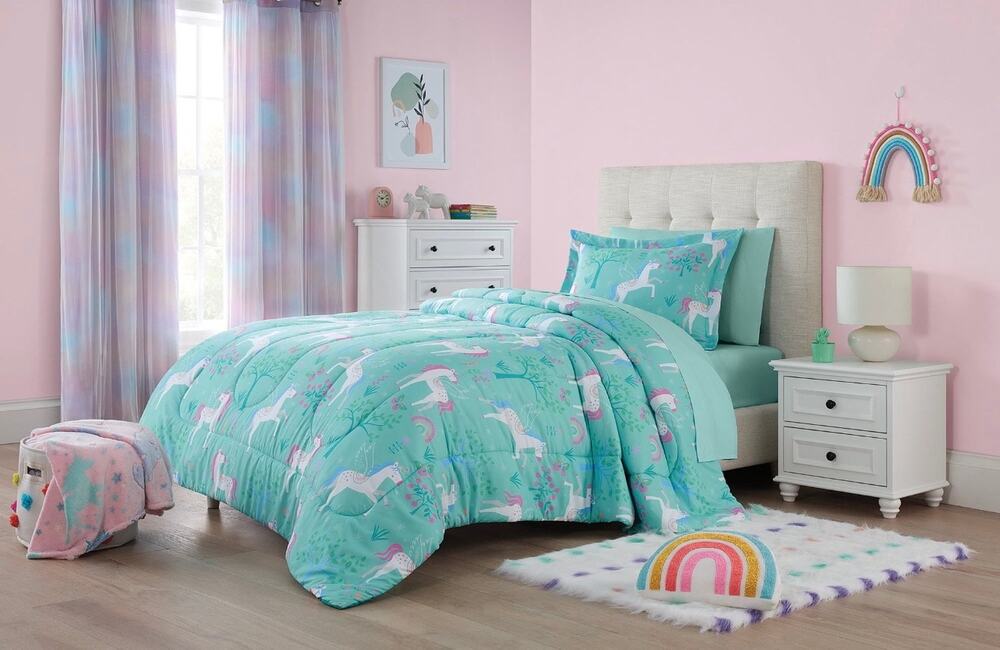 Your Zone Unicorn Grove 5-Piece Twin Bedding Set Teal Unicorn Rainbow